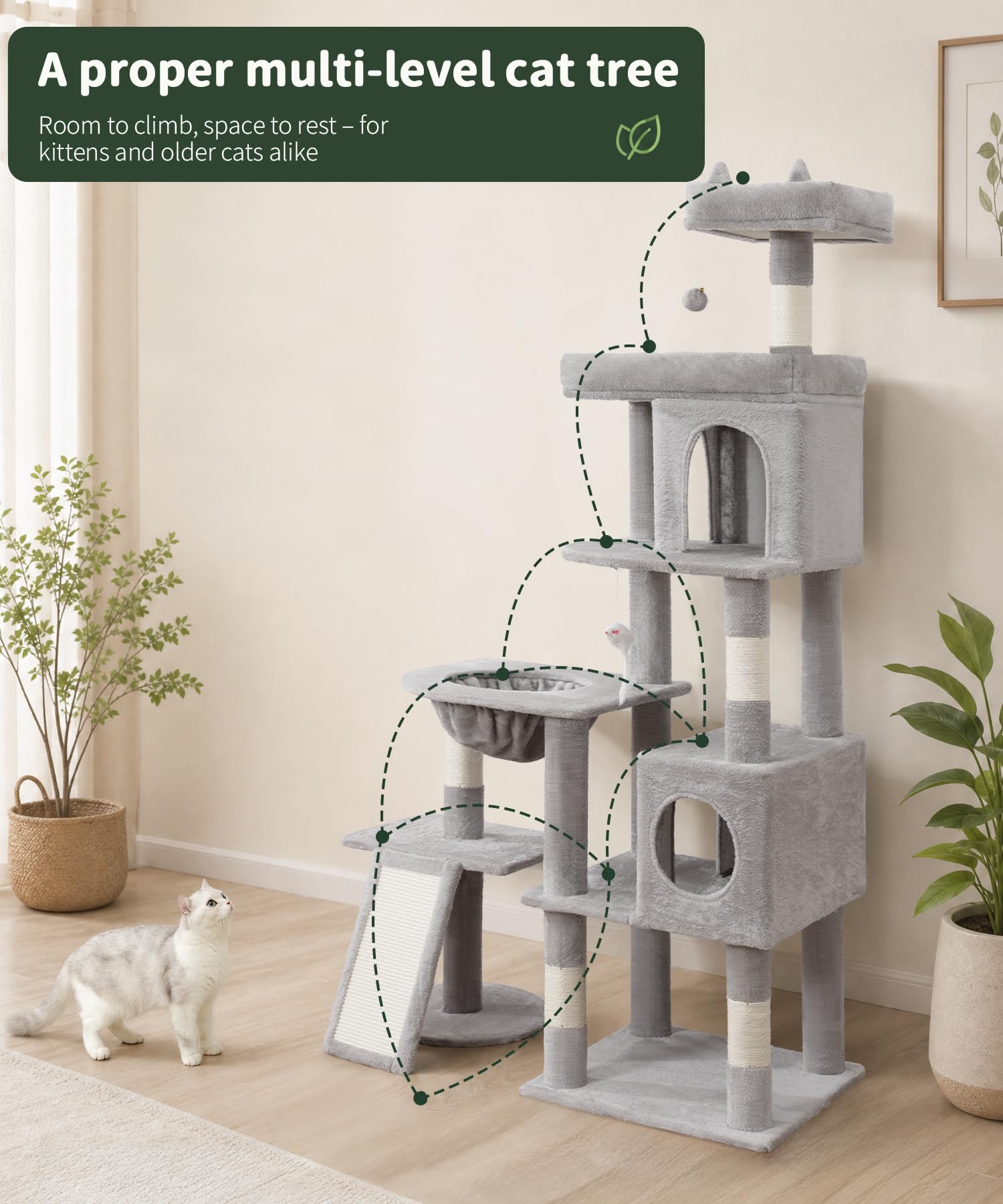 Albero per gatti da interno resistente, 172 cm, torre per gatti grandi con tiragraffi in sisal e posatoio superiore, grande piattaforma per gatti adulti, PMT02GY, grigio