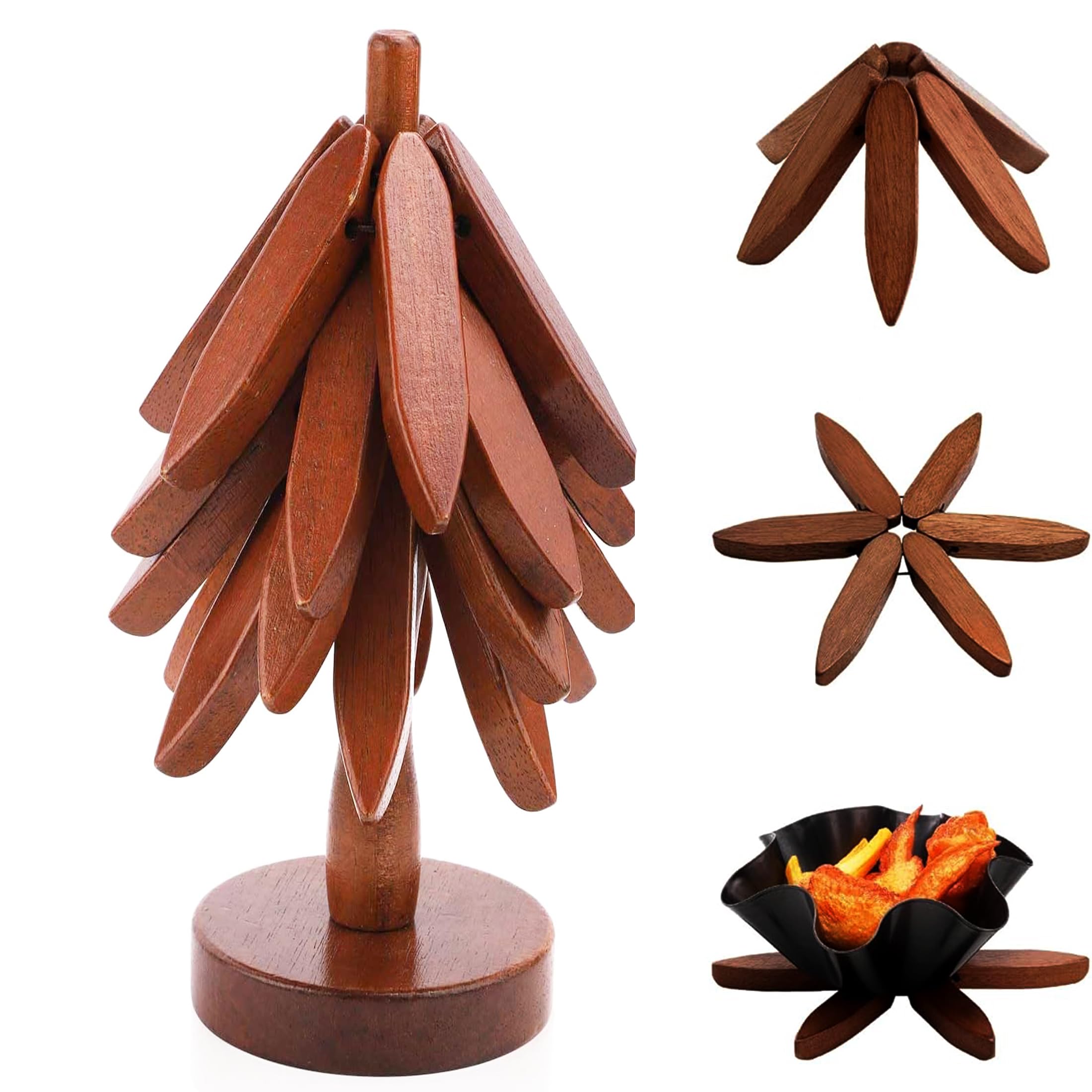 Wooden Tree Coasters? Tree Shape Trivet Set, Trivets for Hot Dishes, Hot Dish Coaster with Tree-Shaped Wood Collapsible Hot Pad Trivet Tree for Restaurant?3 Wooden Trivet + 1 Stand