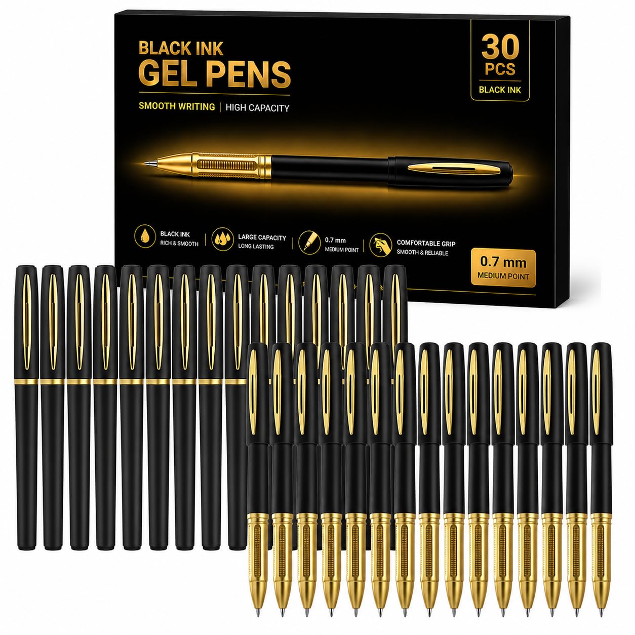 DruckFeder 30ct Black Gel Pens 0.7mm Medium Point Smooth Writing Bulk Set