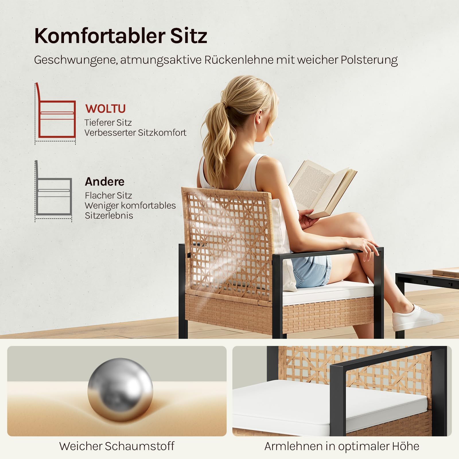 WOLTU Rattan Gartenmöbel 4-teilig mit 1 Sitzer Sofa 2 Sessel 1 Couchtisch und Kissen Lounge Möbel Outdoor Balkonmöbel Kleiner Balkon Sitzgruppe Gartencouch Terrassenmöbel Set für Garten Terrassen
