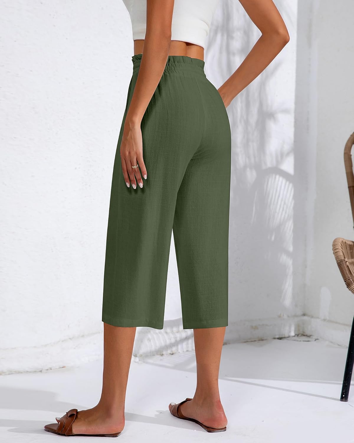 Neer 2 Pcs Women's Linen Wide Leg Capri Pants Beach High Waisted Drawstring Casual Loose Capris Pants with Pockets - Image 3