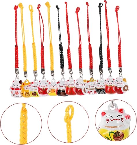 Miniatura 9 de 12 piezas de ornamento de buena suerte de gato de la suerte Fengshui con campana, atrae riqueza, Maneki Neko, decoración colgante para bolsa de