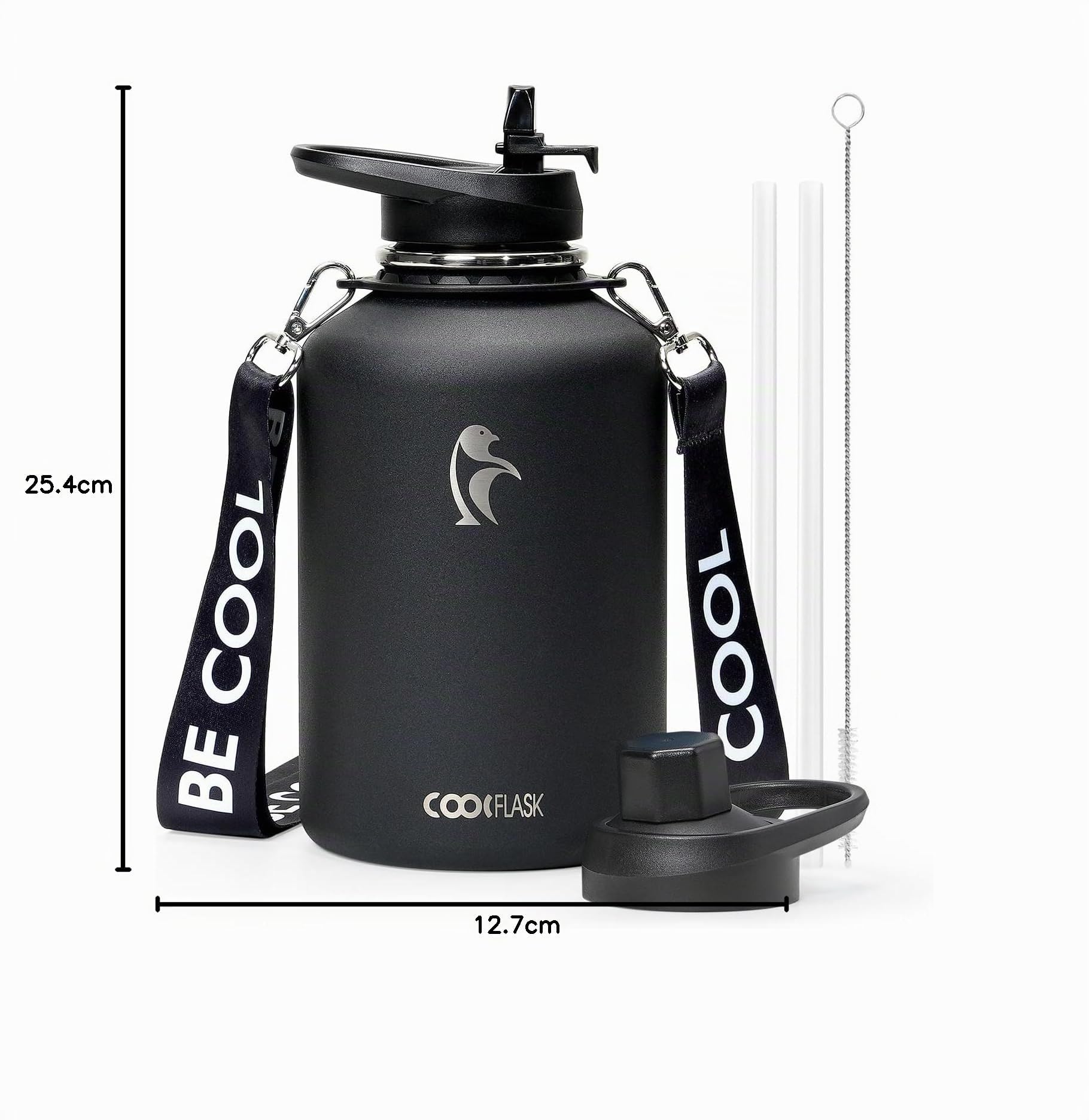 Coolflask Isolierte Wasserflasche 1893 ml mit Riemen, Wasserkrug aus Edelstahl mit Strohhalm und Ausgussdeckel, Große Wasserflasche aus Metall, Auslaufsicher und BPA-frei, Schwarz