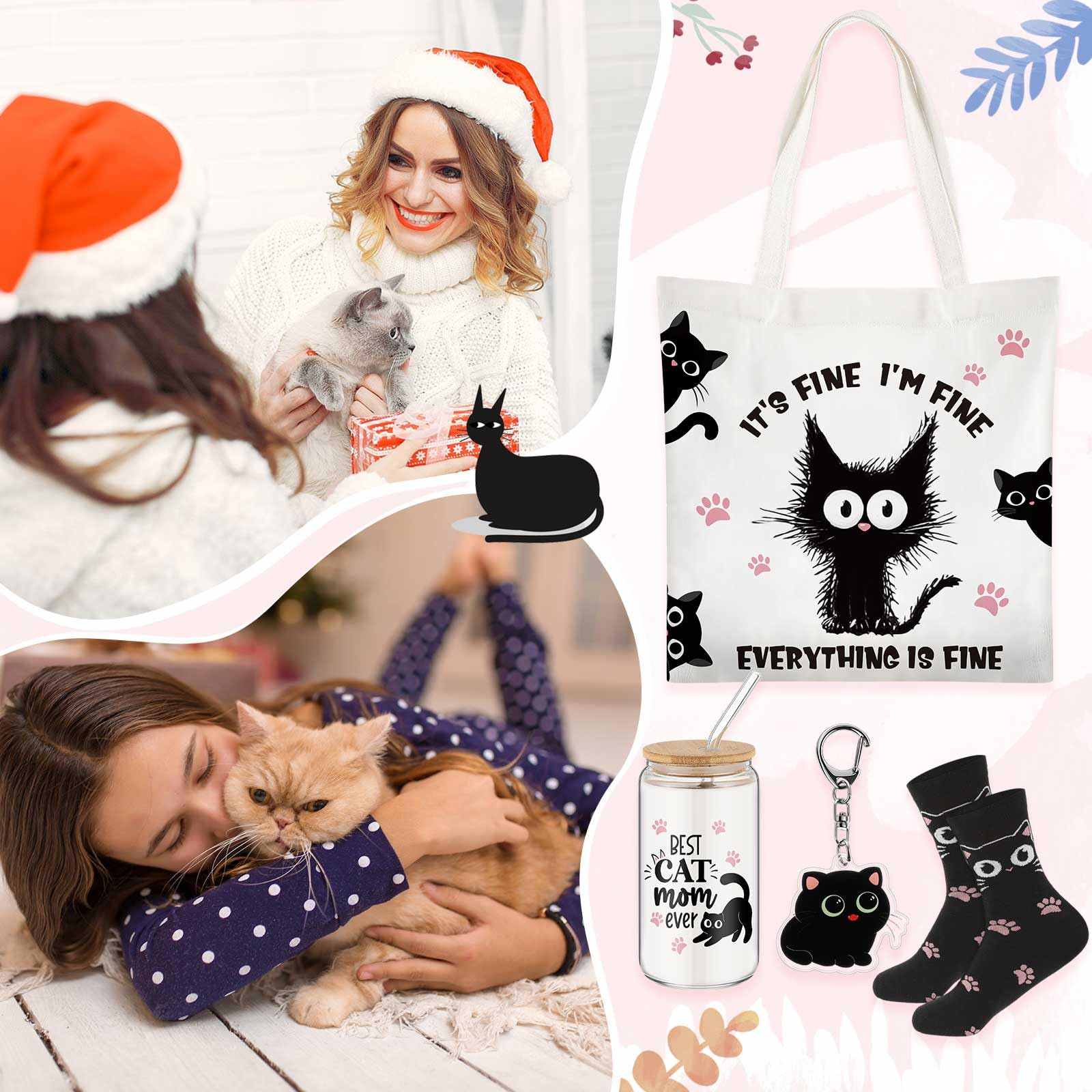 Paterr 4 regalos para amantes de los gatos para mujeres, regalo temático de gatos para cumpleaños con bolsa de lona de vidrio de 16 onzas con calcetines de pajita, bonito llavero