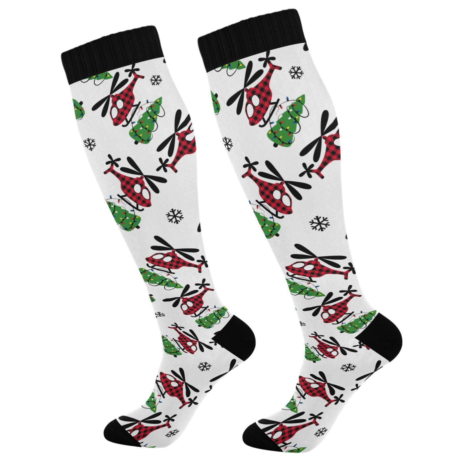 Fisyme Plaid Christmas Helicopter Socks for Women Men, Comfort Warm Athletic Crew Running Hiking Cycling Compression Socks
