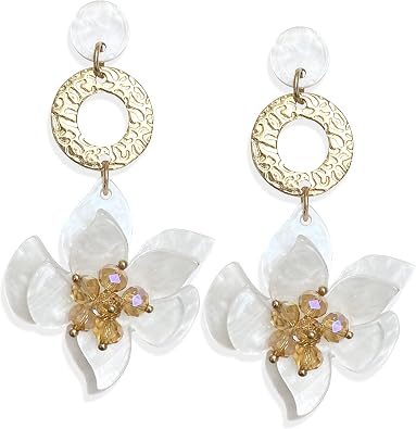 Elegant Bohemian Acrylic Flower Dangle Drop Earrings - Chic Dainty Resin Flower Petal Statement Stud Earrings with Gold Beads for Sister, Mom, Lover and Friends