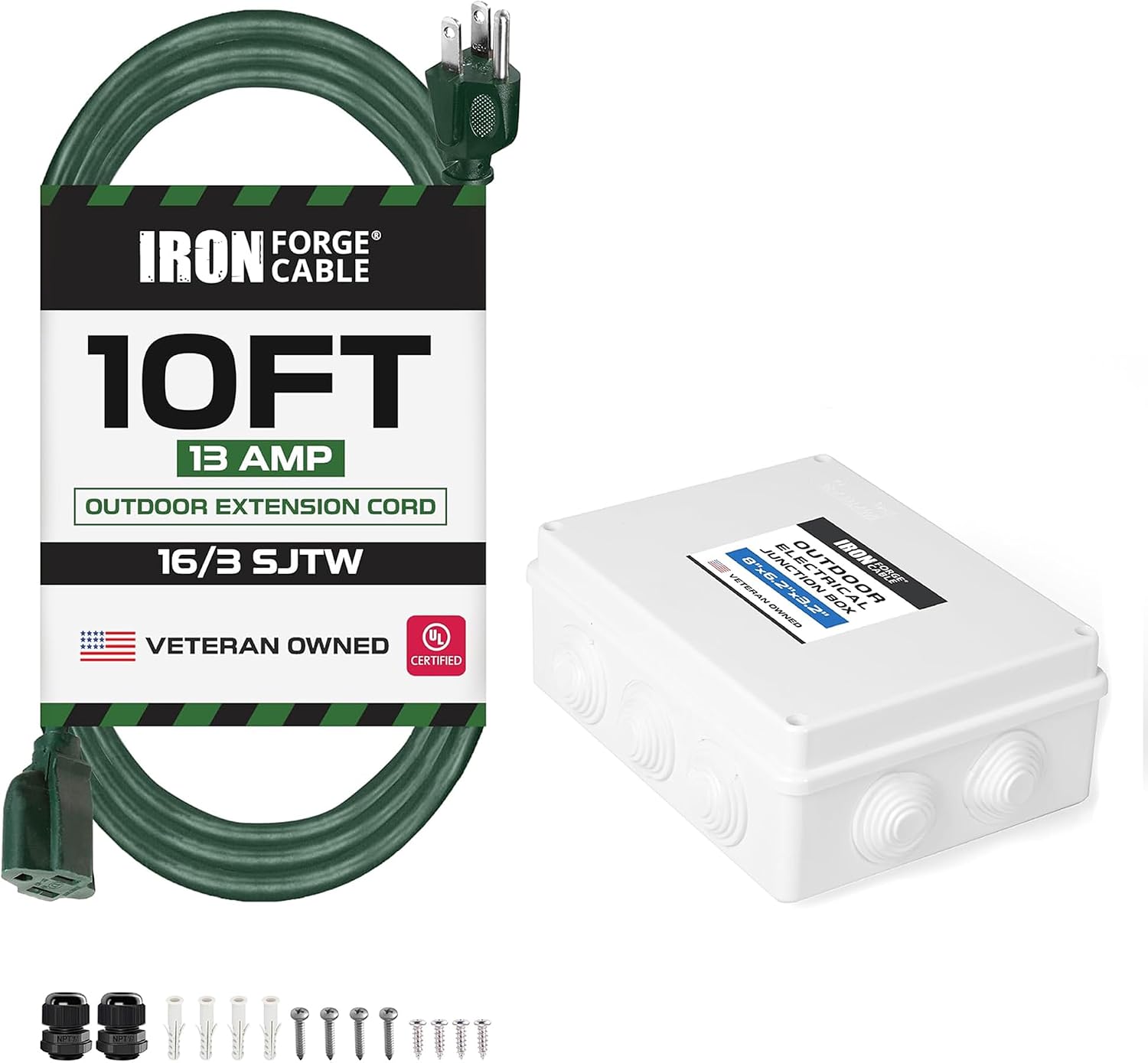 Iron Forge Cable Weatherproof 10Ft Outdoor Extension Cord - 16/3 SJTW 13Amp Heavy Duty Green Cable & Outdoor Electrical Box, 8"x 6.2"x 3.2"Inch with Accessory Drillable Waterproof Enclosure Cover IP65
