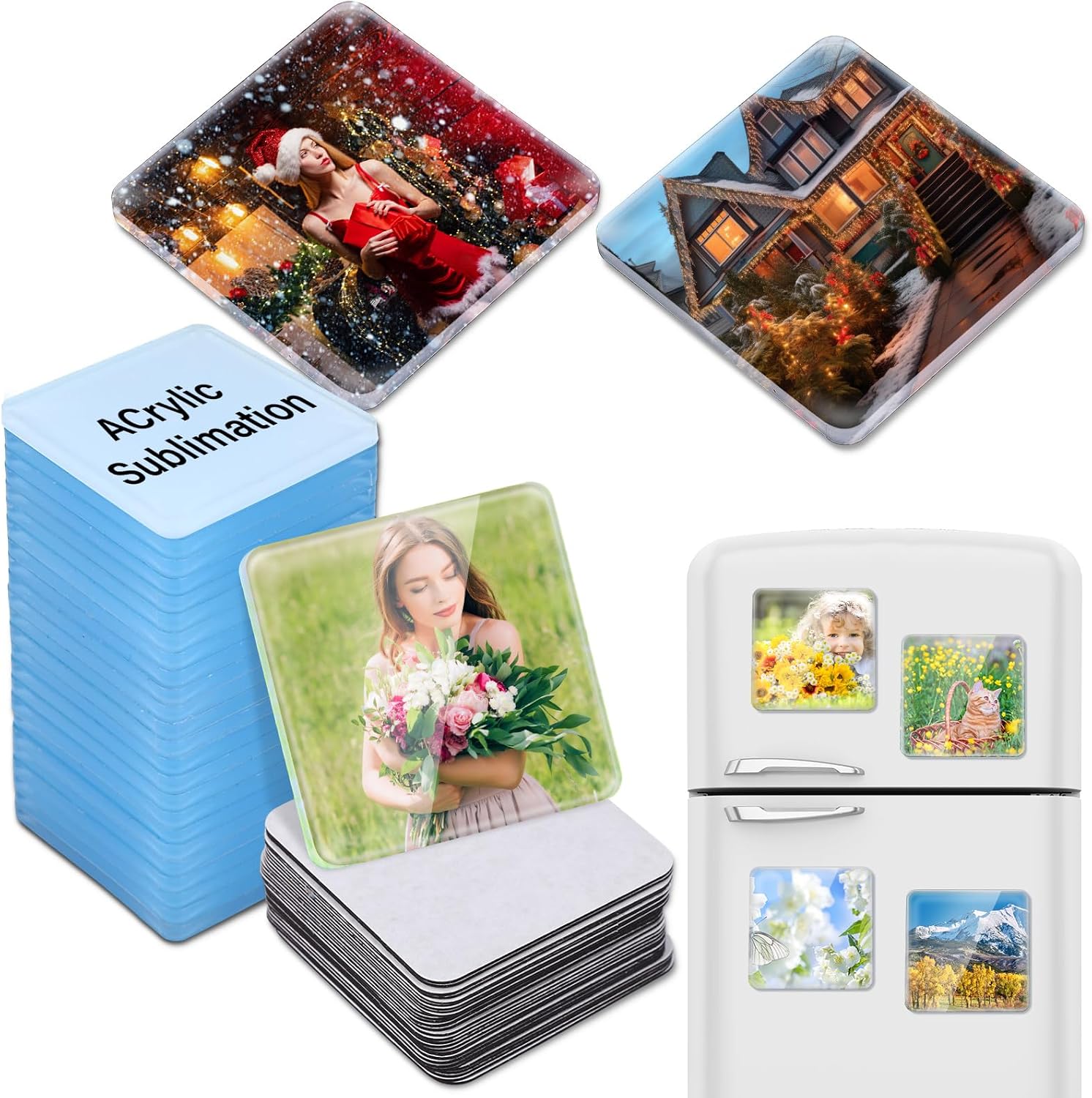 Xuhal 60 Pcs Sublimation Acrylic Fridge Magnet Bulk Personalized Refrigerator Sublimation Blank Include 30 Rectangle Acrylic Blank 30 Fridge Magnet for Office Kitchen Microwave Car DIY Decor