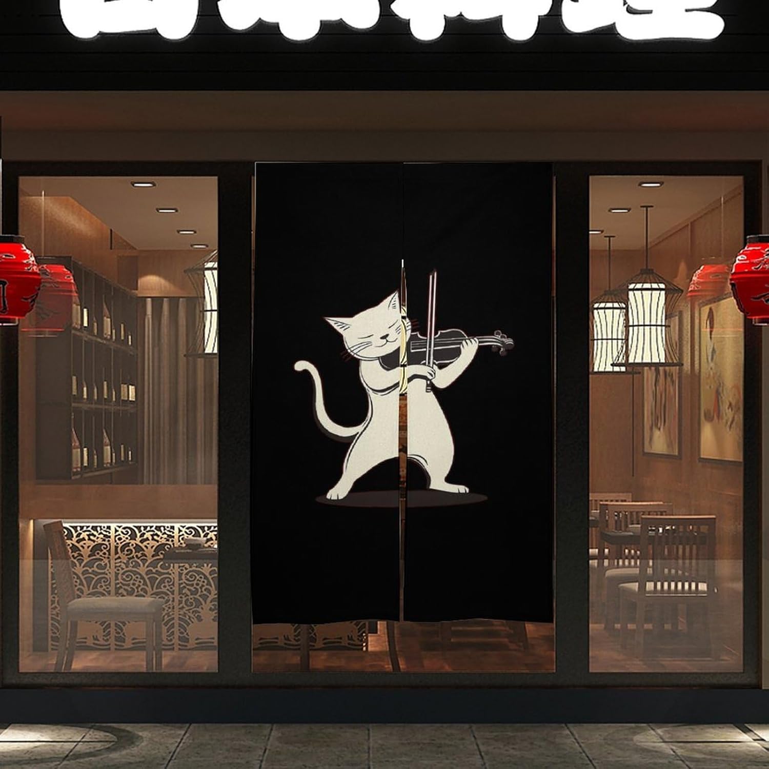 Cat Playing Violin Noren Doorway Split Shower Curtain Long Type Window Treatment for Privacy Partition Divider