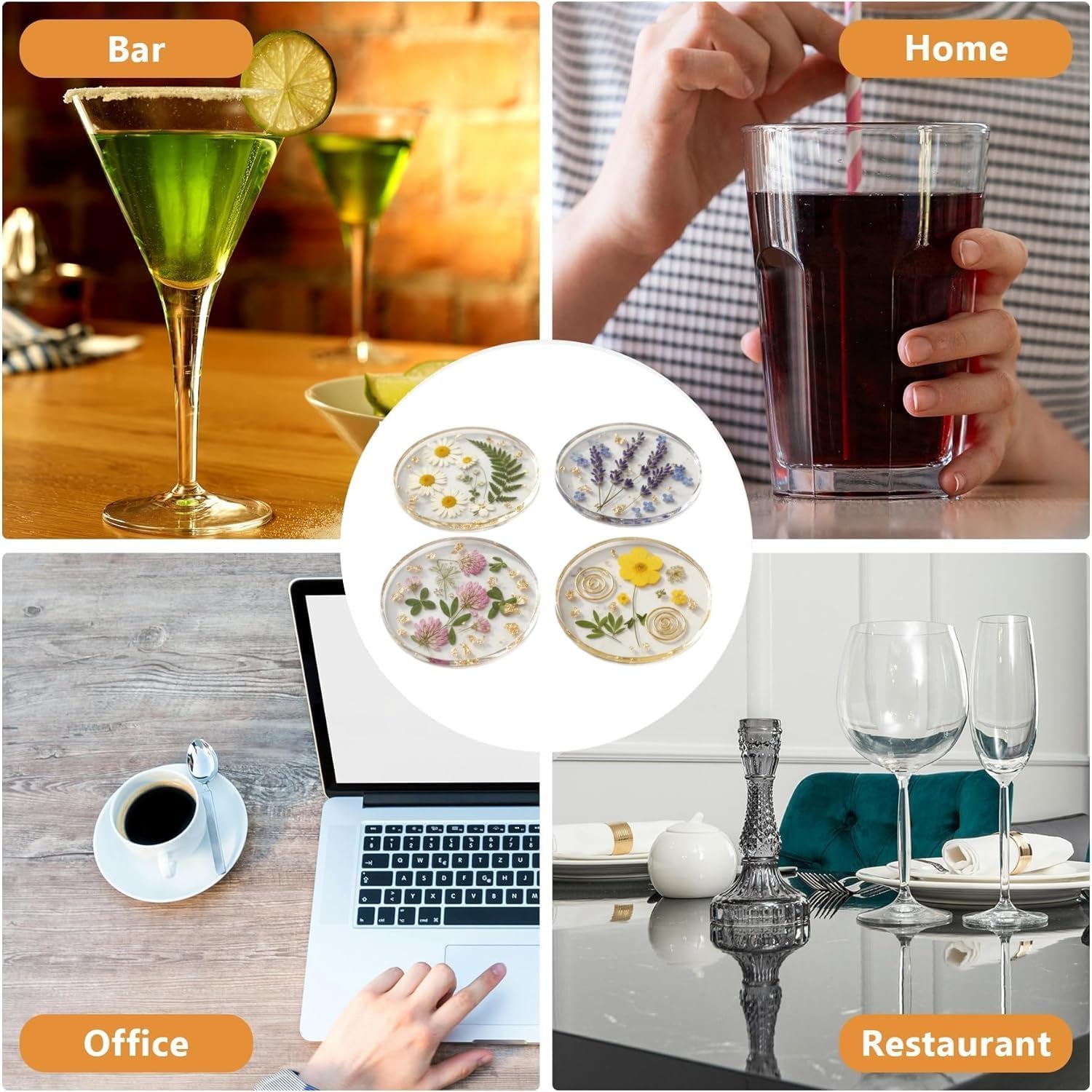 4Pcs Flower Coaster Set, Dried Flower Clear Mat, Non Slip Mug Holder with Elegant Design, Transparent Pressed Flower Coasters,Round Outdoor Coasters, Weddings, Table Decorations