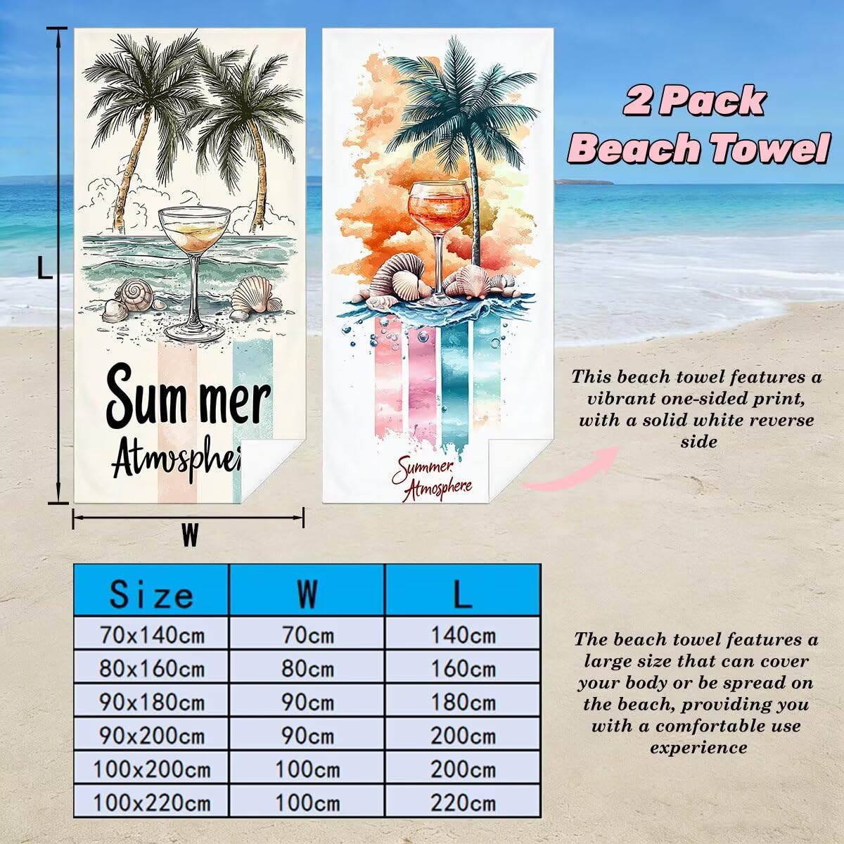 Toalla Playa 90x200 cm, Toalla Gimnasio Microfibra Secado Rapido, Juego de 2 Antiarena Toallas de Playa, Ligera Compacta Toallas Microfibra Grande para Viaje, Regalo Hombre Regalo Mujer (Cóctel) -5069