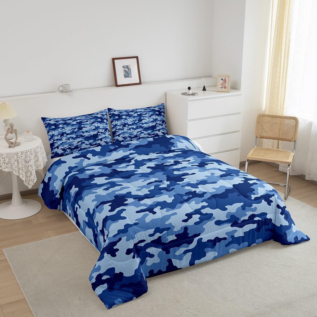 Castle Fairy Blue Camo Twin Size Comforter Set,Army Camouflage Duvet Set Soft Bed Collection,Geometric Abstract Art Bedding Comforter for Boys Girls Bedroom,2 Pcs