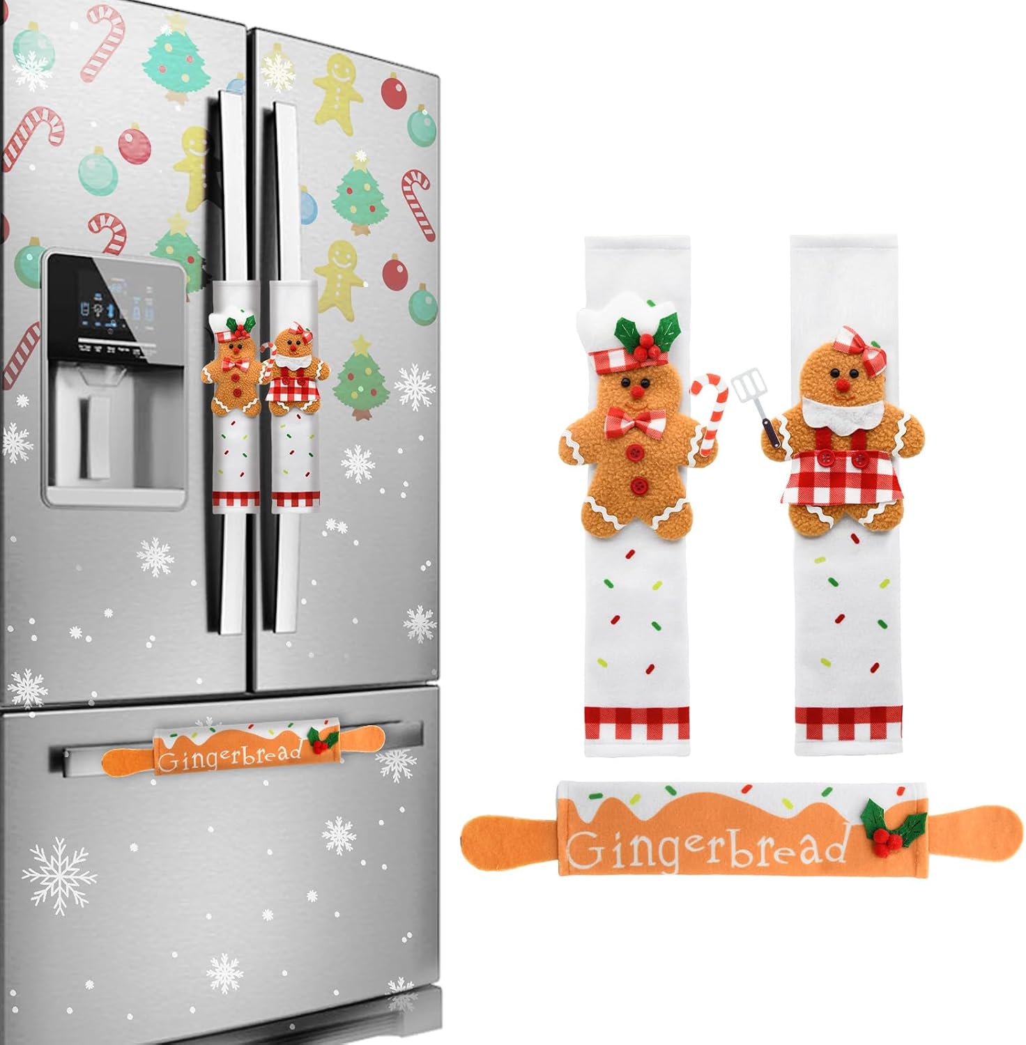 nuvagiki Christmas Refrigerator Handle Covers Decor, 3 Pack Christmas Gingerbread Handle Covers for Kitchen Refrigerator Appliance Decorations Indoor, Xmas Washable Holiday Decor image 2