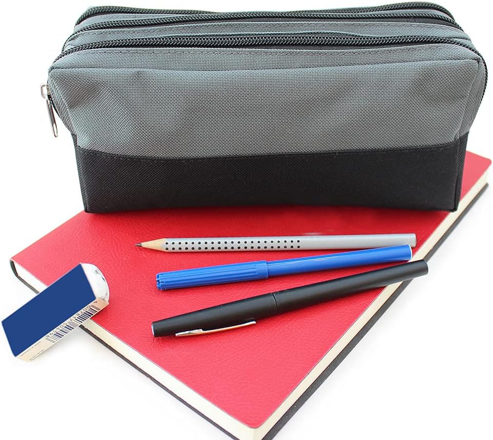 Fashion Stationery Big Capacity Pencil Case for Boys Kids Children's Large Black & Grey Sporty Triple Pocket Pencil Cases Back to School Pouch with 3 Compartments for Teenagers - Image 3