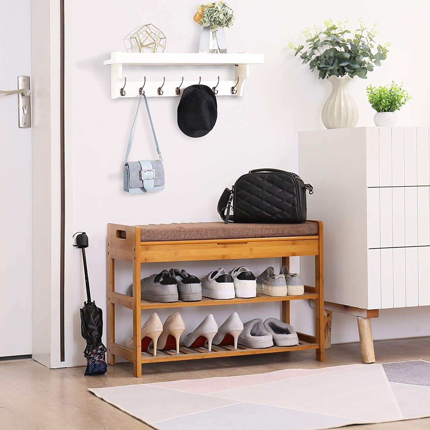 C&AHOME Shoe Bench Bamboo, 3-Tier Shoe Organizer with Cushion, Shoe Rack Bench for Entryway, Max Load 260 LBS, Removable Seat Cushion Bench, Ideal for Hallway, Living Room, Bedroom, Light Brown