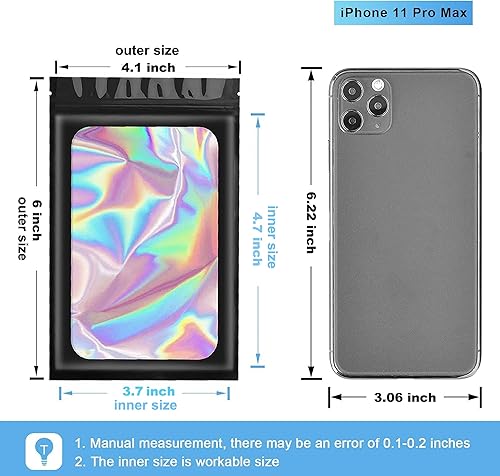 Miniatura 6 de 100 bolsas a prueba de olores, bolsas holográficas de almacenamiento con ventana transparente para almacenamiento de alimentos (color negro, 4.1 x 6