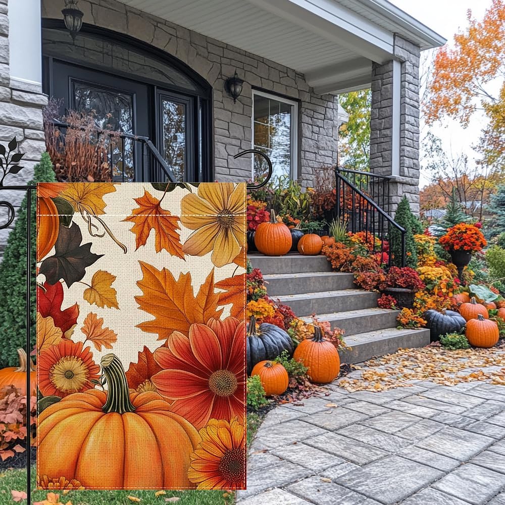 Fall Pumpkin Garden Flag for Outside 12x18 Inch Double Sided Burlap Autumn Thanksgiving Maple Leaf Sunflower Flowers Farmhouse Holiday Rustic Outdoor Yard Flag Home Decorations - Image 9