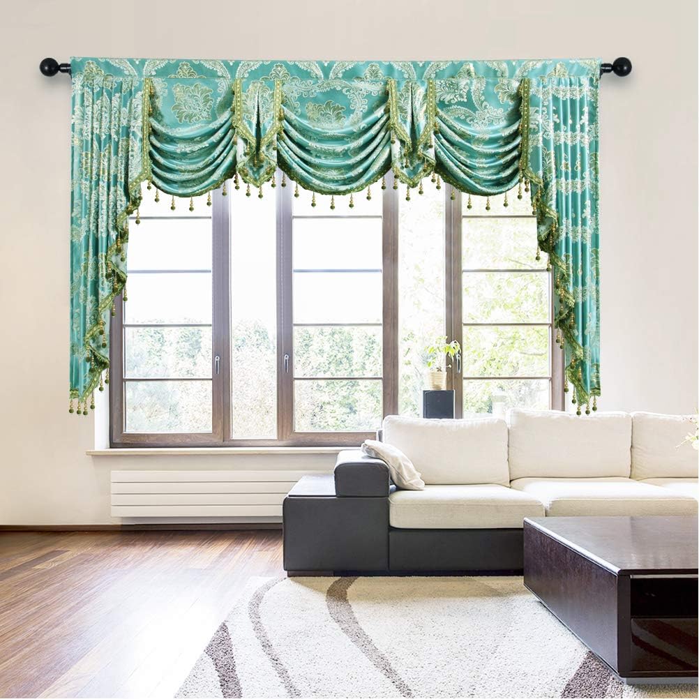ELKCA Blue Jacquard Waterfall Valance for Living Room Luxury Damask Curtain Valance for Bedroom (Damask-Blue,W79 Inch,1 Panel)