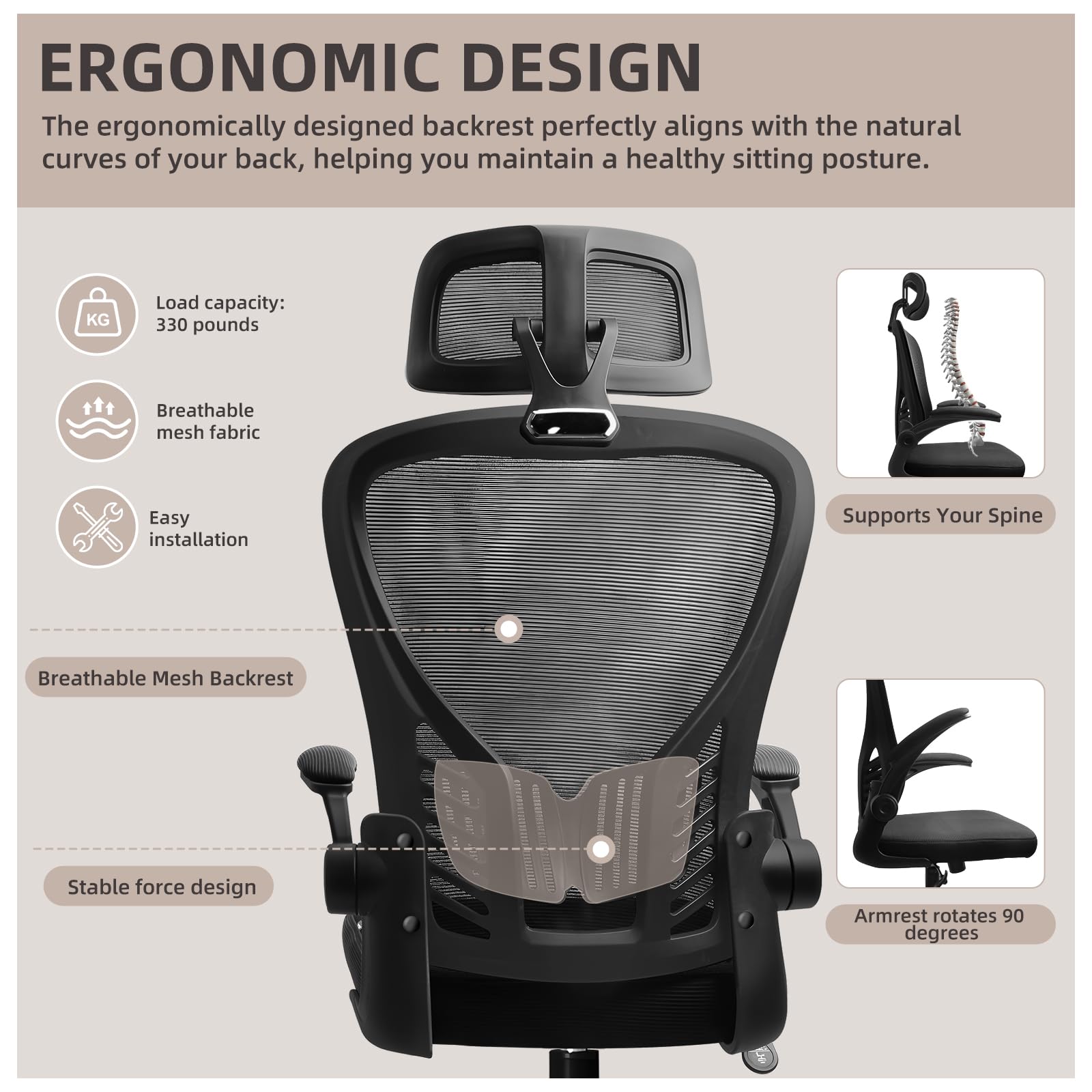 Chaise de Bureau, Chaise Ergonomique en Résille avec Soutien Lombaire et Appui-Tête Réglable, Coussin D'Assise Généreux, Adaptée au Bureau et à La Maison