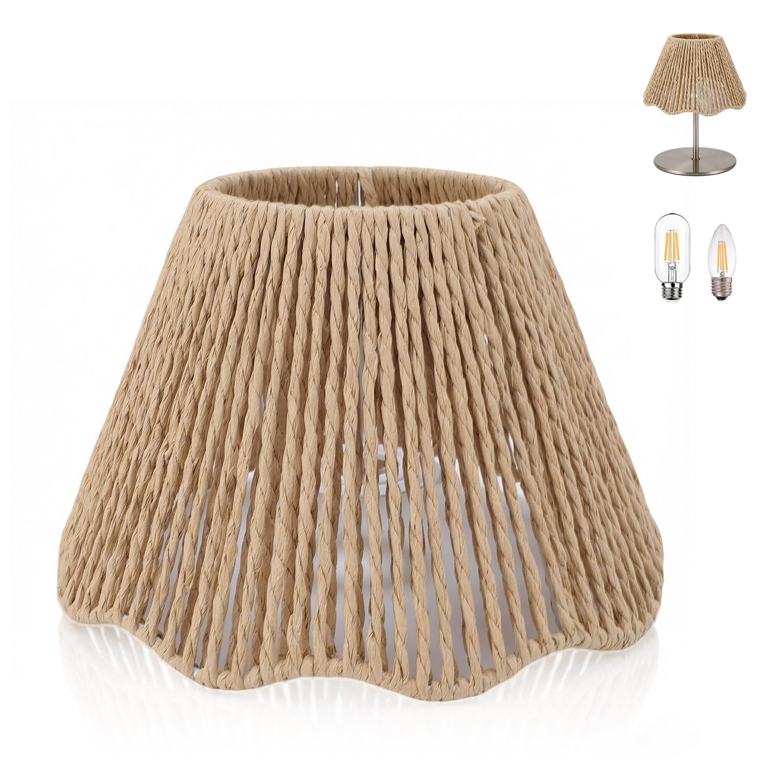 E27 E14 Rattan Lamp Shade, Rope Woven Desk Lampshade 4.33" Top X 8.66" Bottom X 5.51" High Waving Hem Vintage for Kitchen Bedroom Cafe