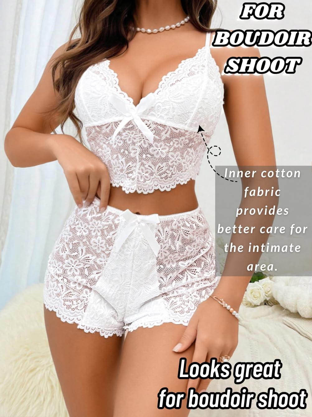 ChiaoLezhee Bow Tie Sexy Lace Sheer Pajama Lingerie Set for Women, Floral Bra and Panty Set 2 Piece High Waisted Sleepwear