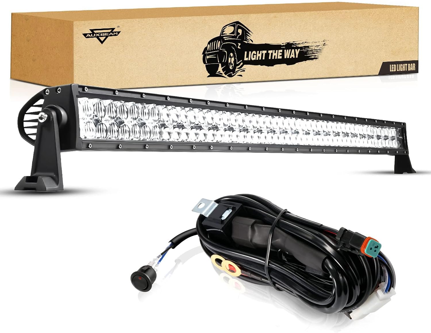 Auxbeam 52In 300W LED Light Bar, 5D Optical Lens Off-Road Auxiliary Light | 30000LM Spot Flood Combo Light Bar, Straight Offroad Light Bar, 100*3W LED Chips, 5D Optical Design, IP68 Waterproof