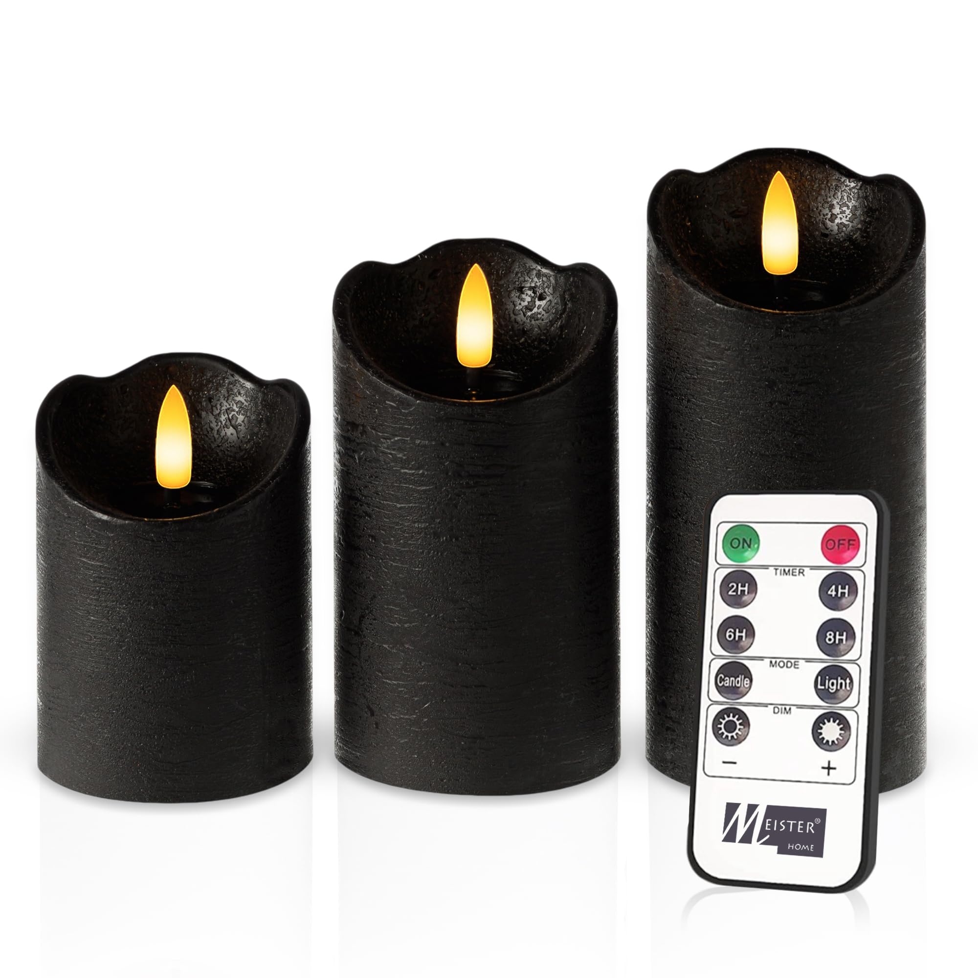 Meisterhome Juego de 3 velas LED negras, sin llama, con llama parpadeante, diseño rústico, con mando a distancia y temporizador, funciona con pilas, color blanco cálido, diámetro de 7,5 x 10/12,5/15