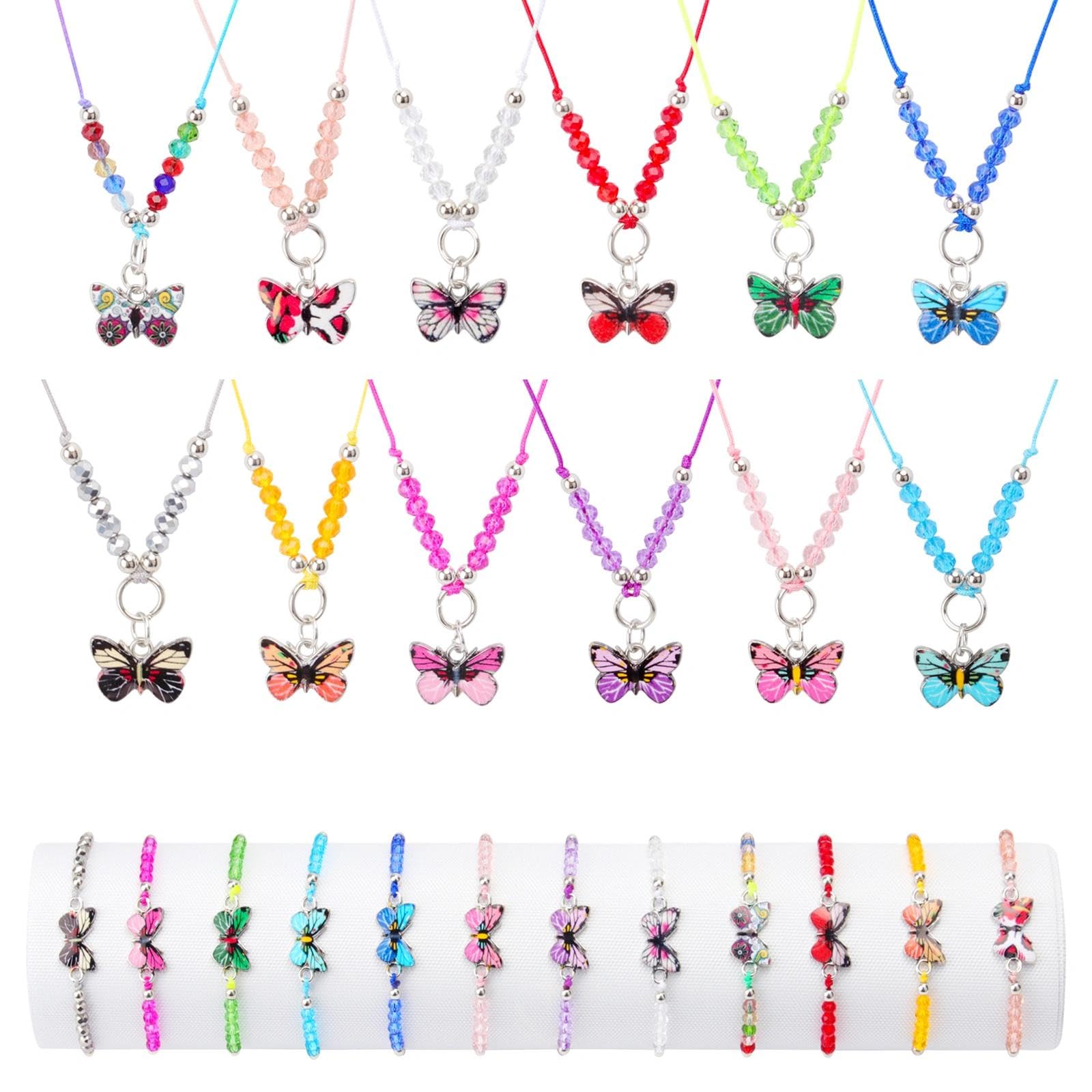 JYUHA 24 PCS Girls Bracelet and Necklace Set, Butterfly Friendship Bracelets Necklace Adjustable Braided Bracelets for Birthday Party Favors