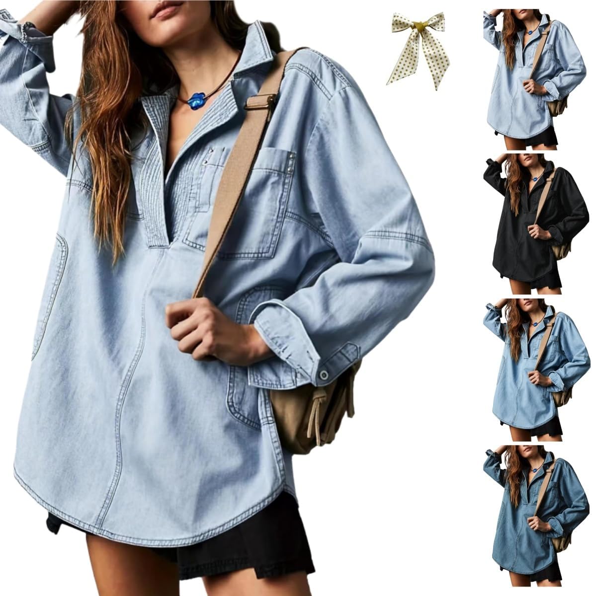 Women's Denim Pullover,Casual V Neck Long Sleeve Loose Fit Jean Jacket Blouse with Pocket,Lapel Comfy Oversized Denim Tops