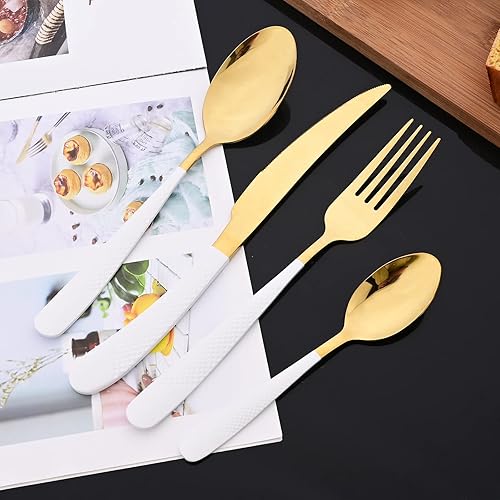 Miniatura 5 de JASHII Juego de cubiertos martillados modernos de acero inoxidable con mango dorado y blanco, decoración de lujo, servicio para 4, pulido espejo,