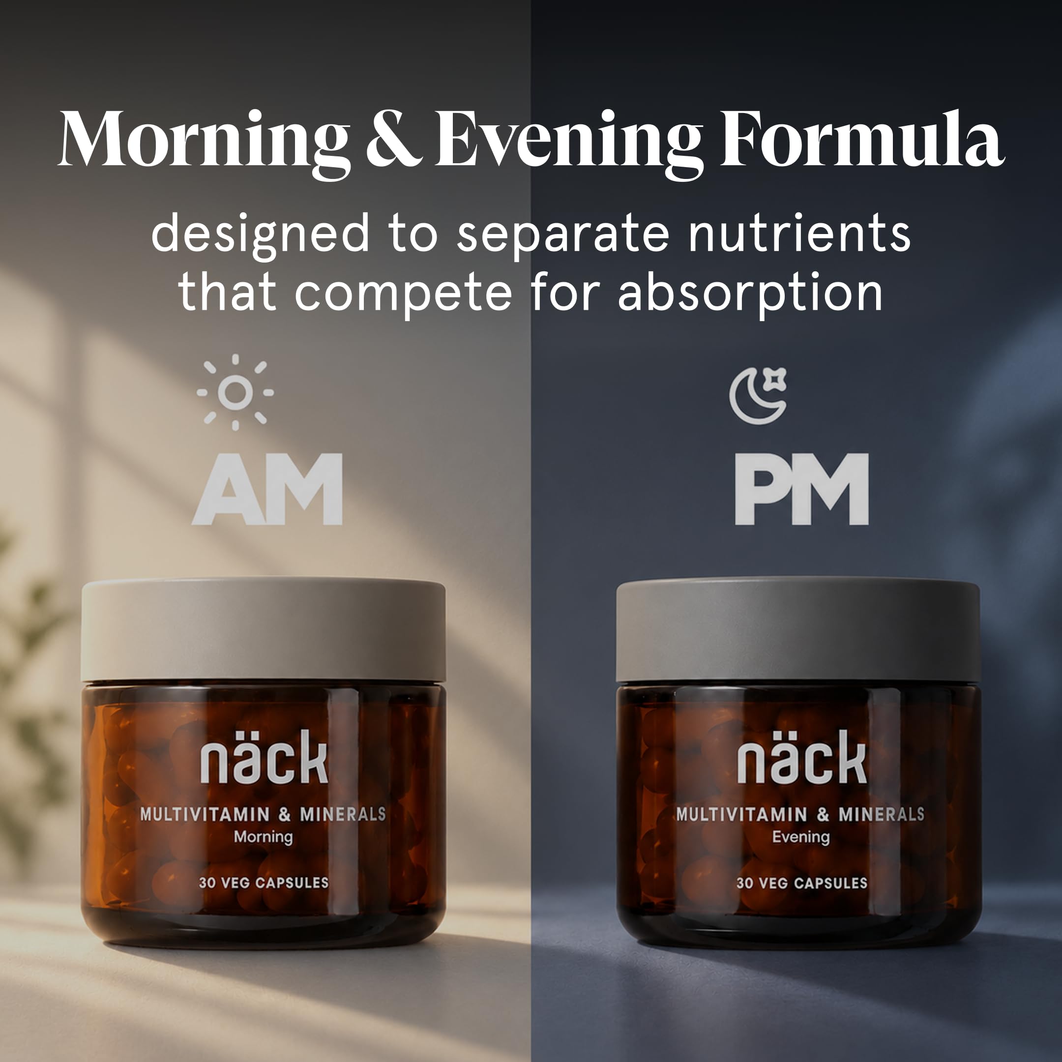 Näck Multivitamin & Mineral Dual Formula | Morning & Evening Formula | Superior Absorbency | 100% RDA for 21 Essential Vitamins and Minerals | 60 Veg Capsule — Amazon image 2