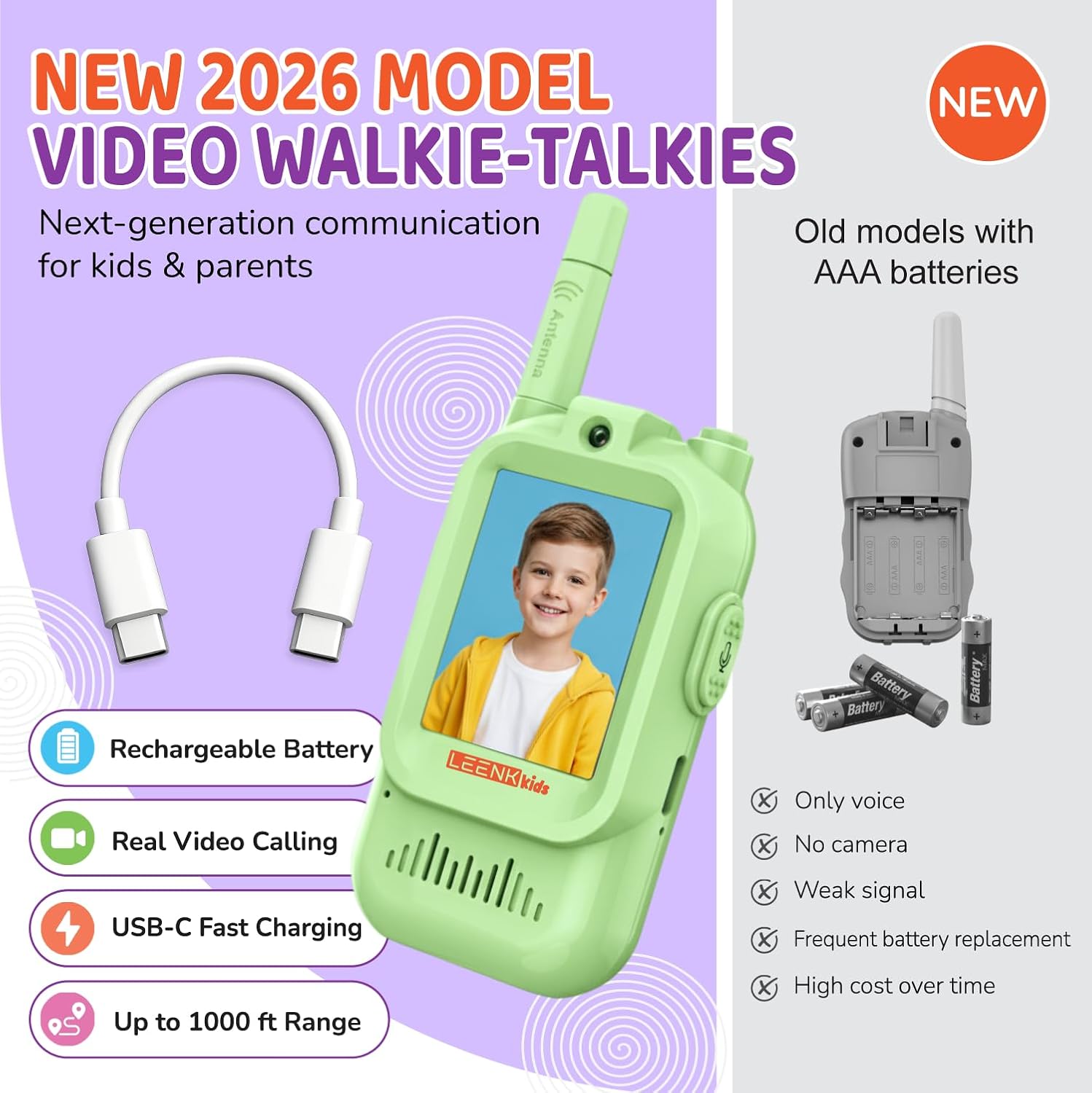 LEENK Kids Video Walkie Talkies – 2 Separate Color Sets (Blue/Green + Green/Purple), 4 Units Total