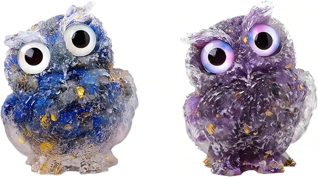 2PCS Cute Owl Statue Natural Crystal Owl Animal Home Desk Decor Gift for Women Men Blue+Purple