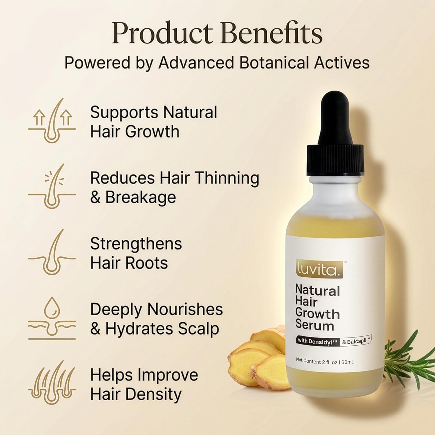 LUVITA Hair Growth Serum for Men & Women 2fl oz - Lightweight, Non-Greasy Hair Serum Treatment with Redensyl, Baicapil, Rosemary Oil for Hair Growth - Supports Thicker Fuller-Looking Hair, Regrowth
