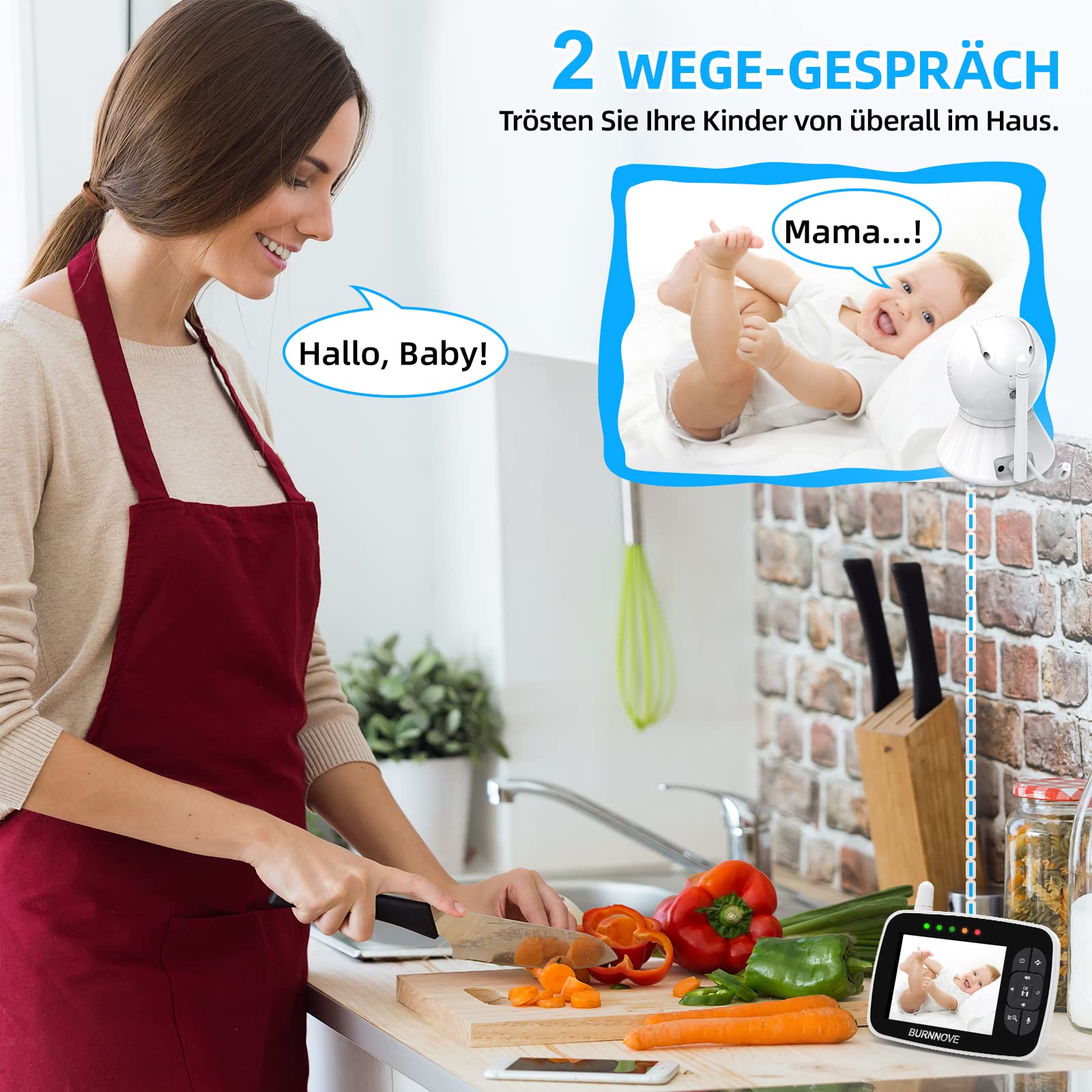 BURNNOVE Babyphone mit Kamera ohne WLAN, 3,5 Zoll, 355°/120°, 2X Zoom | Nachtsicht bis 5m, Gegensprechfunktion, Temperaturalarm, Schlaflieder, ECO-Modus, 2,4GHz FHSS, ohne App