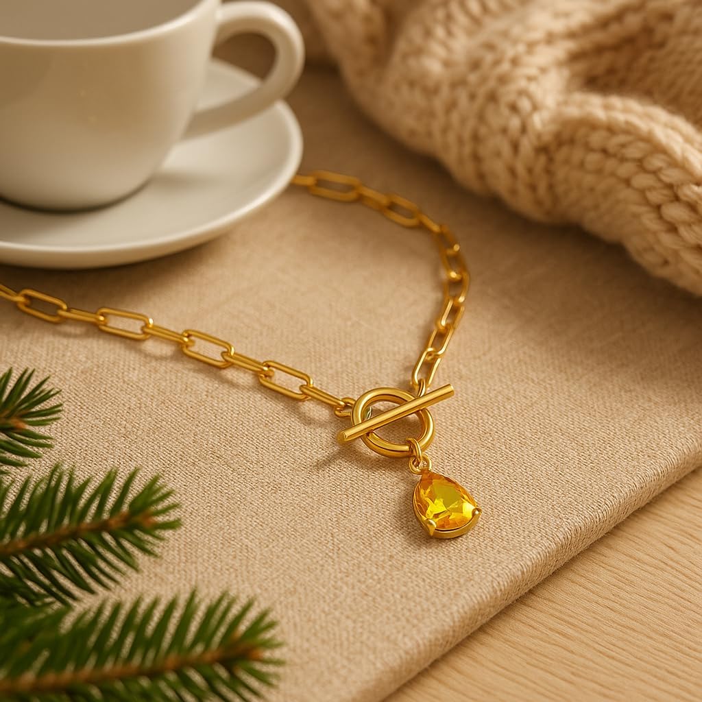 Paperclip Toggle Necklace 18K Gold Plating 8 * 10mm Teardrop Cut CZ Birthstone Pendant Paper Clip Chain Necklace Gemstone Crystal Jewelry Gift for Women - Image 6