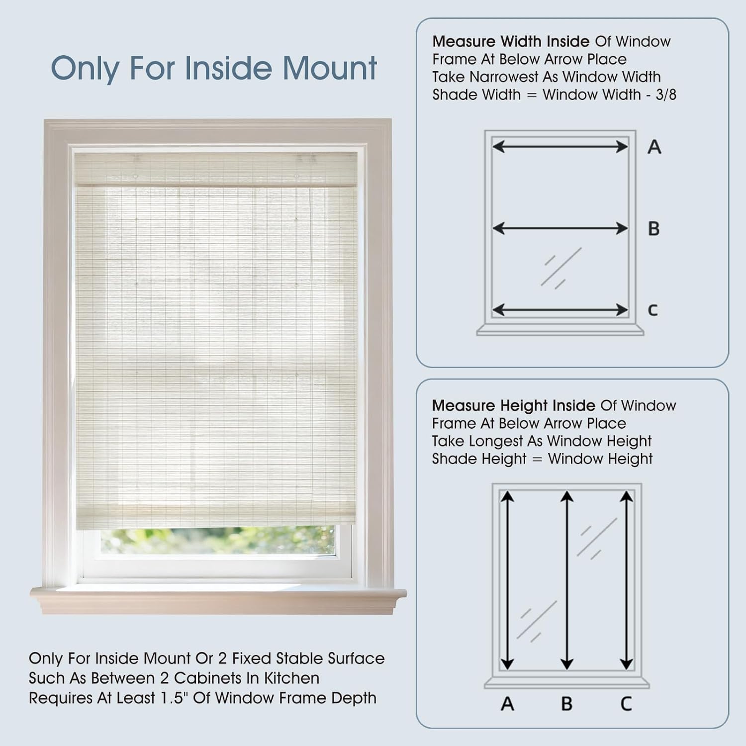 No Drill Bamboo Roman Shades for Indoor Windows, No Tool Cordless Bamboo Blinds, Blackout Custom Window Roman Shade for Kitchen Windows, French Doors, Bathroom, Chalk