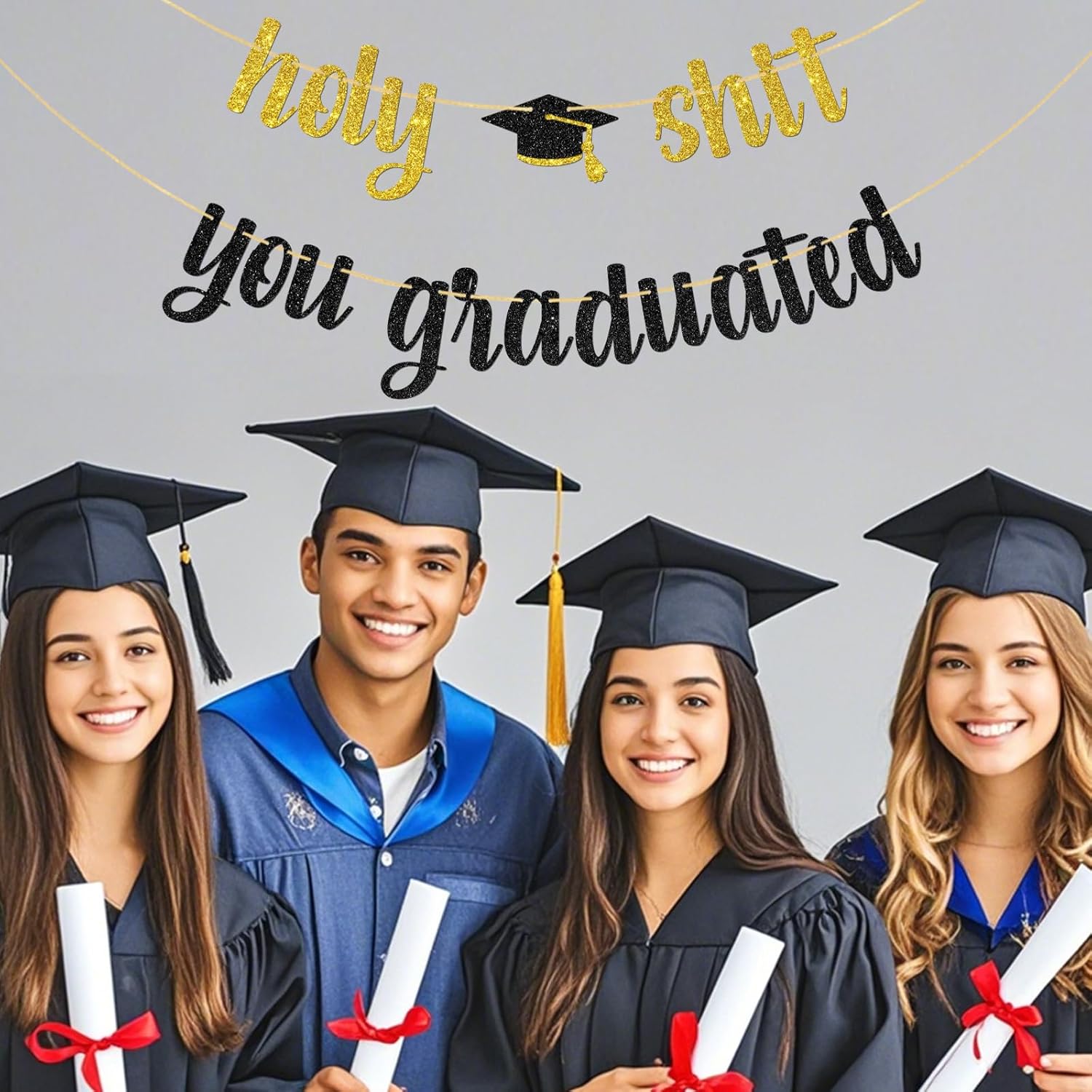 Holy Shit You Graduated Banner/Congrats Grad/You Did It Party Decor/Graduation Activities/Funny Graduation Party Decorations - Gold Black Glitter - Image 4
