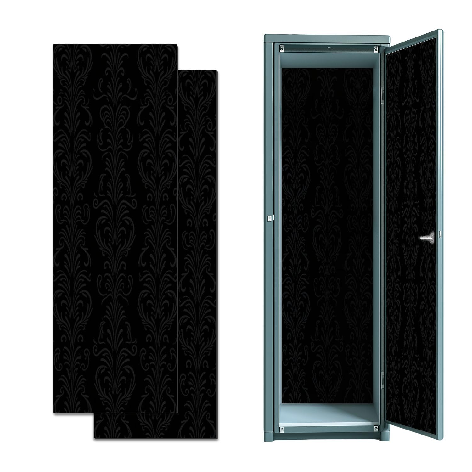 2 Pcs Locker Magnetic Wallpaper Elegant Black Damask Intricate Floral Design 12" x 36" Wall Magnetic Sticker Removable Locker Accessories Decor Easy Install for Office School