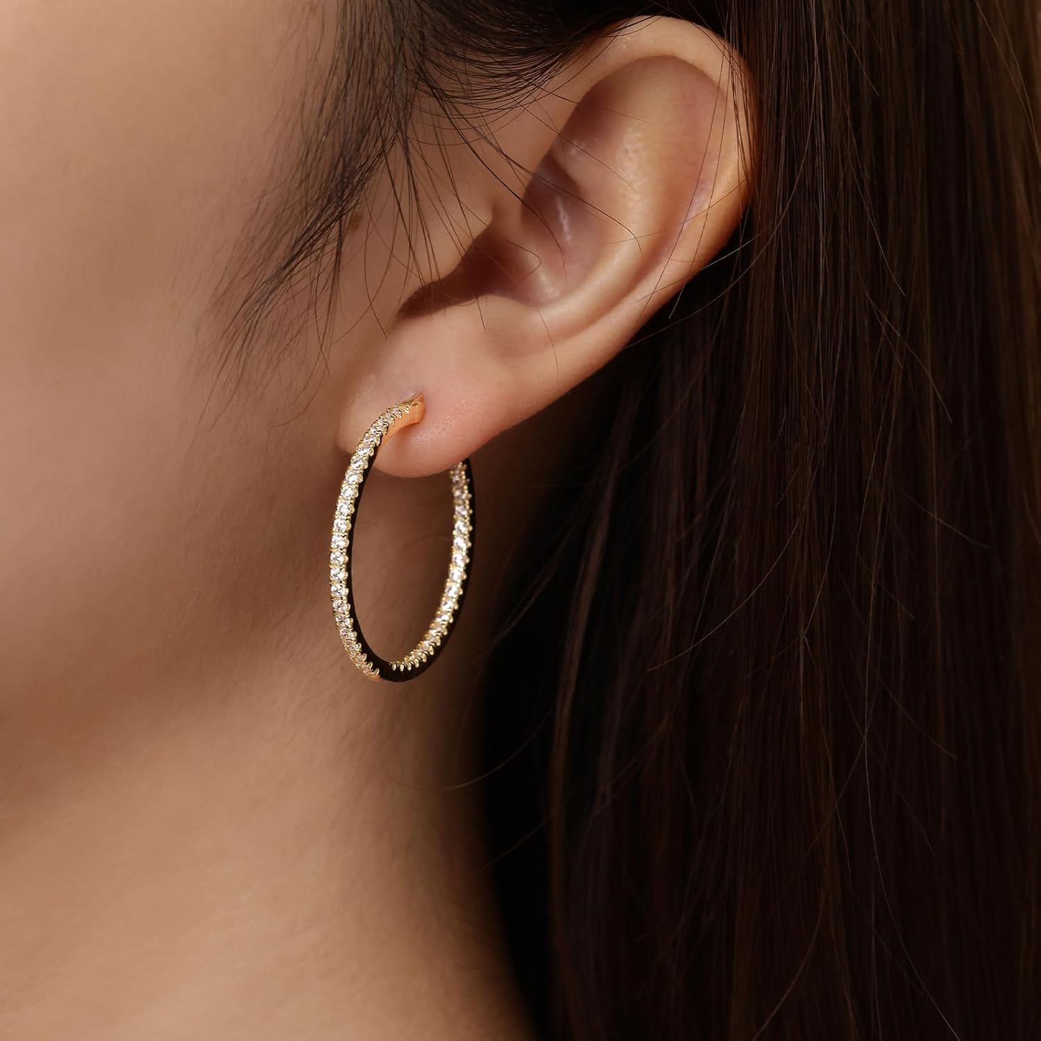 14K Gold Hoop Earrings for Women Elegant Dual-Sided Cubic Zirconia Hoops Sparkling Hypoallergenic Earrings for Sensitive Ears 15mm 20mm 30mm 35mm - Image 5