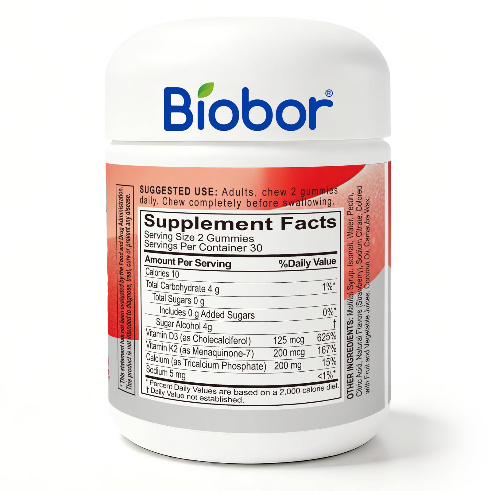 Biobor 200 mg Calcium Gummies with Vitamin D3+ K2, Strawberry 60 Count — Amazon image 2