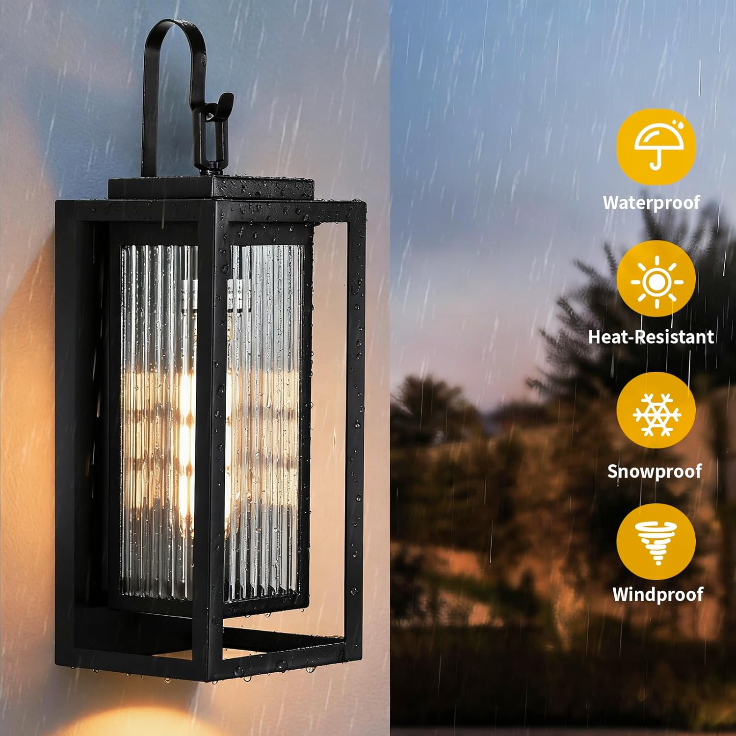 Outdoor Wall Lights for House Exterior, 18 Inch Large Black Modern Lantern with Dual Metal Frame & Textured Glass, IP65 Waterproof (Bulbs Included) 18''-1 Pack