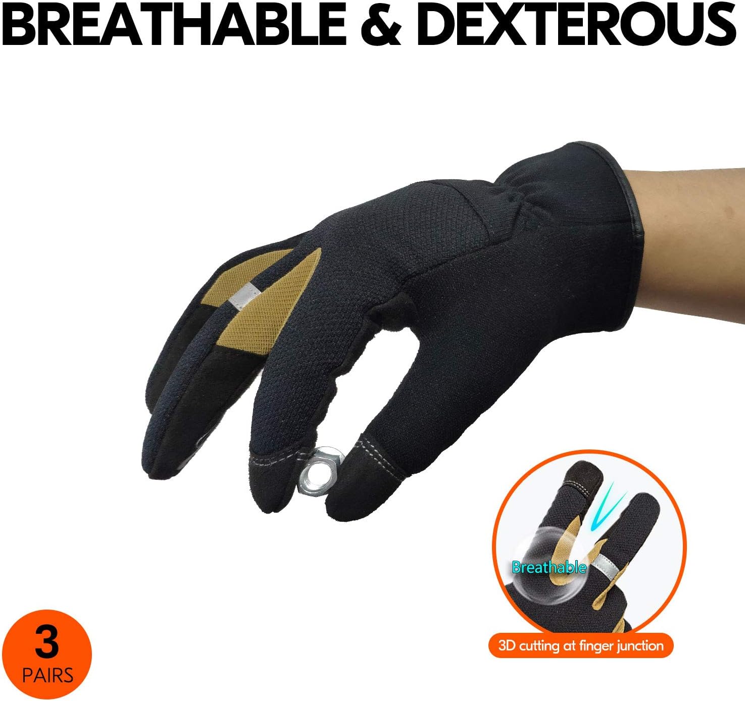 Top Rated Vgo 3Pairs High Dexterity Light Duty Mechanic Glove, Rigger Glove, Anti-abrasion, Touchscreen(Size XL, Black, SL8853)
