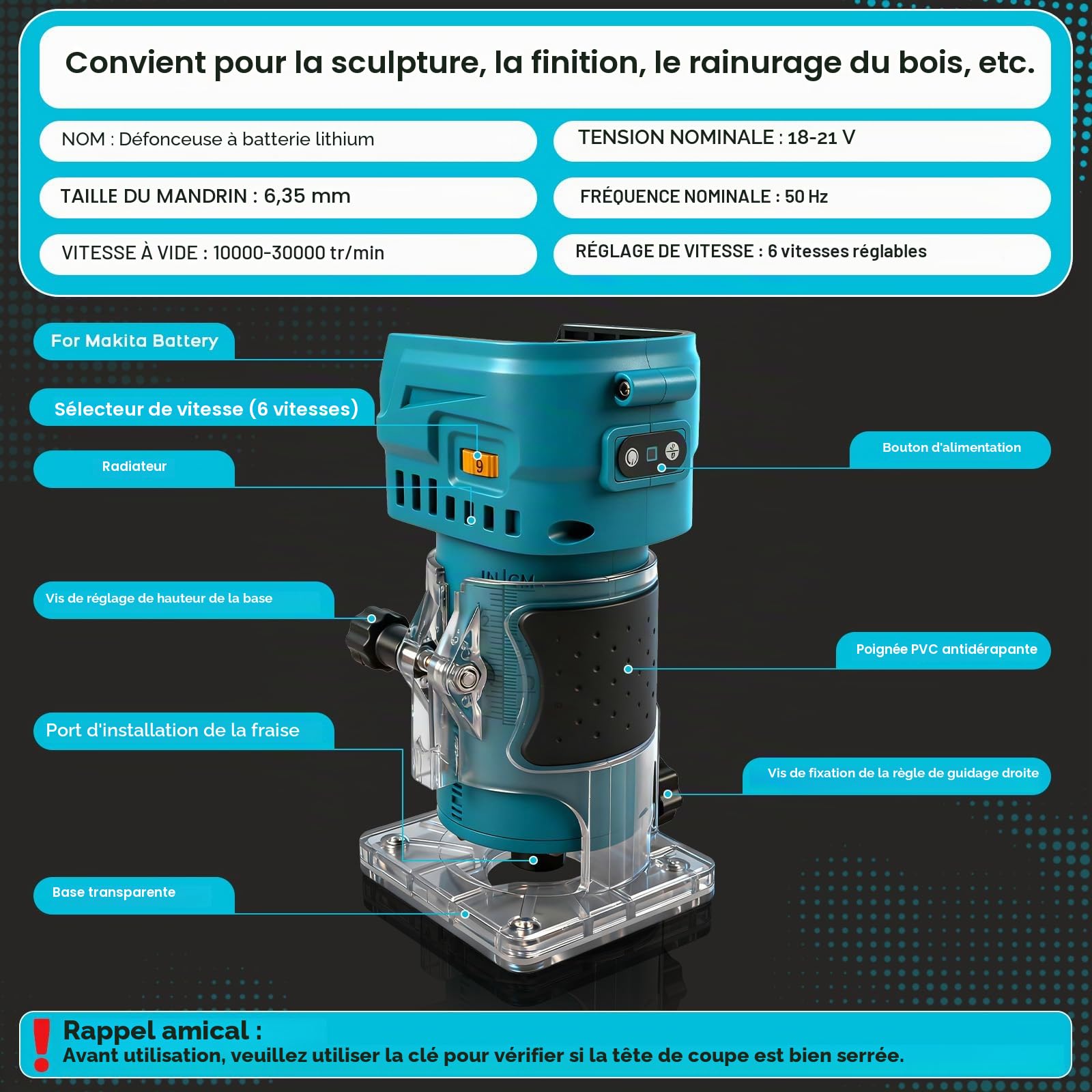 Fraiseuse sans fil compatible avec batterie Makita 18 V, 850 W, 30 000 tr/min, tailleuse de bois sans balais à 6 vitesses pour le travail du bois avec 15 pièces de fraises de 1/4" (sans batterie)