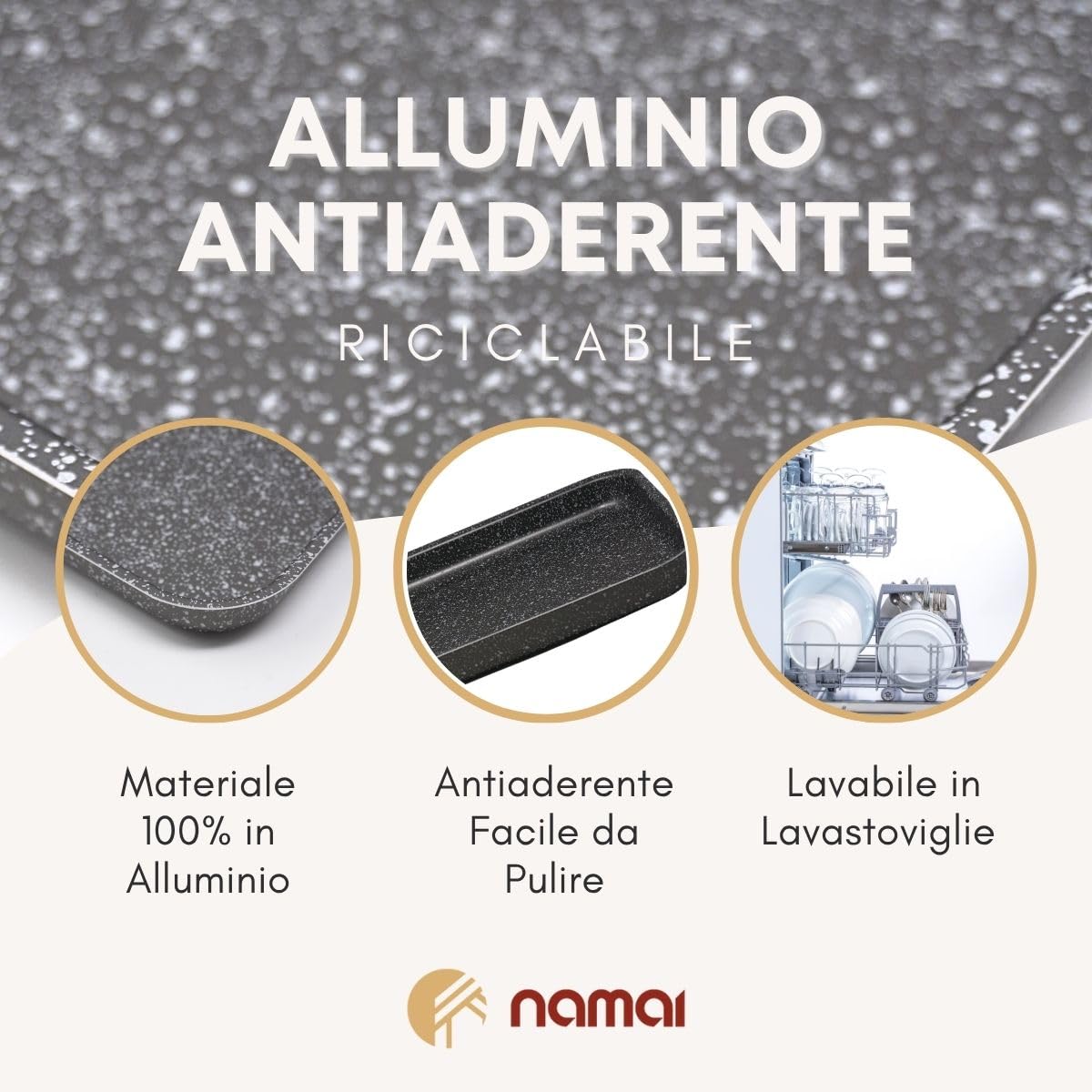 NAMAI - Teglia Pizza Rettangolare, 41CM x 29 CM, Alluminio Resistente e Duraturo, Antiaderente, Design Effetto Pietra, Made In Italy
