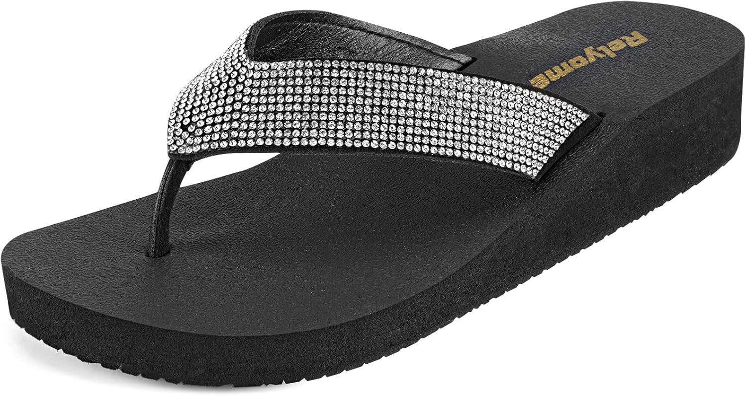 RelyOme Womens Rhinestones Flip Flops Arch Support Mid Platform Bling Comfortable Flip-flops Jewel Dressy Thong Sandals