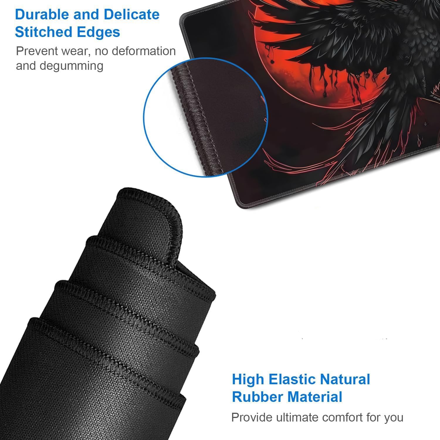for MTG Playmat + Drawstring Travel Pouch + 6 Dice Counter, for Tabletop Trading Card Game Playmats or Mouse Pad, Anti-Slip Rubber 24 x 14 in, Black Raven, Red Moon for TCG Playmat (No with Zone)