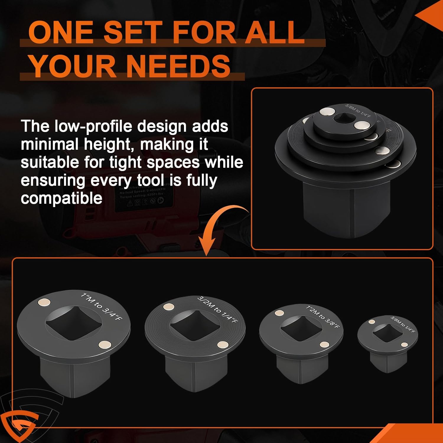 GEARLAST 4Pcs Low Profile Impact Socket Adapter Set, Low Profile Socket Adapter Drive Ratchet Adapter Set for Tight Spaces, 2025, 3/4" to 1", 1/2" to 3/4", 1/2" to 3/8", 1/4" to 3/8"