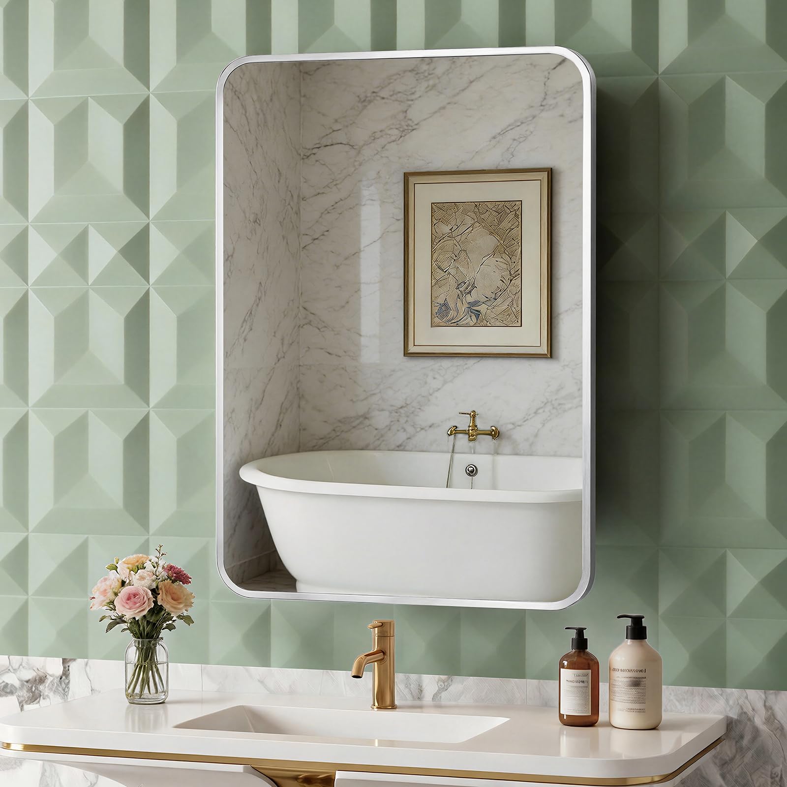 ACEMIRO 20x28 Inch Recessed Medicine Cabinet with Mirror Metal Framed Surface Wall Mounted Bathroom Mirror Medicine Cabinet with Storage Brushed Silver