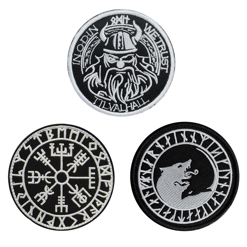 Zcketo Set of 3 Round 8cm Viking Rune Viking God Embroidered Patches